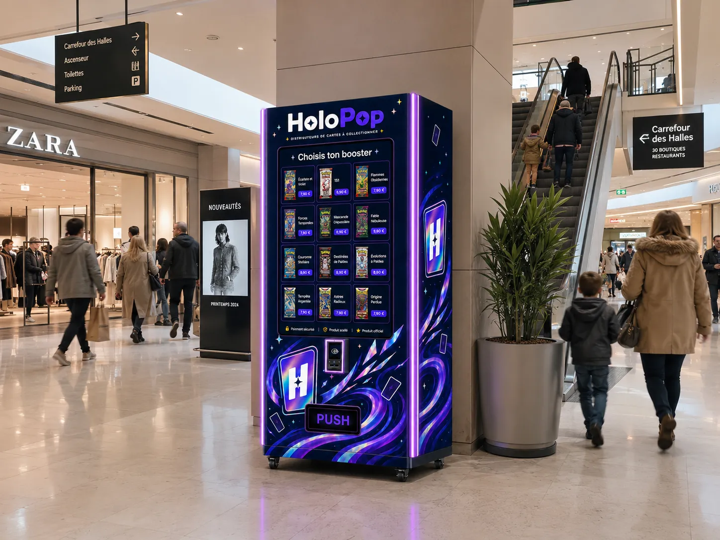 Galerie commerciale avec le distributeur de cartes Pokémon HoloPop installé en zone de passage
